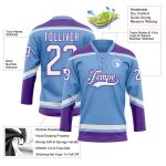Custom Hockey Jersey with Personalized Name and Number in Light Blue and White-Purple Lace Design Personalized Light Blue