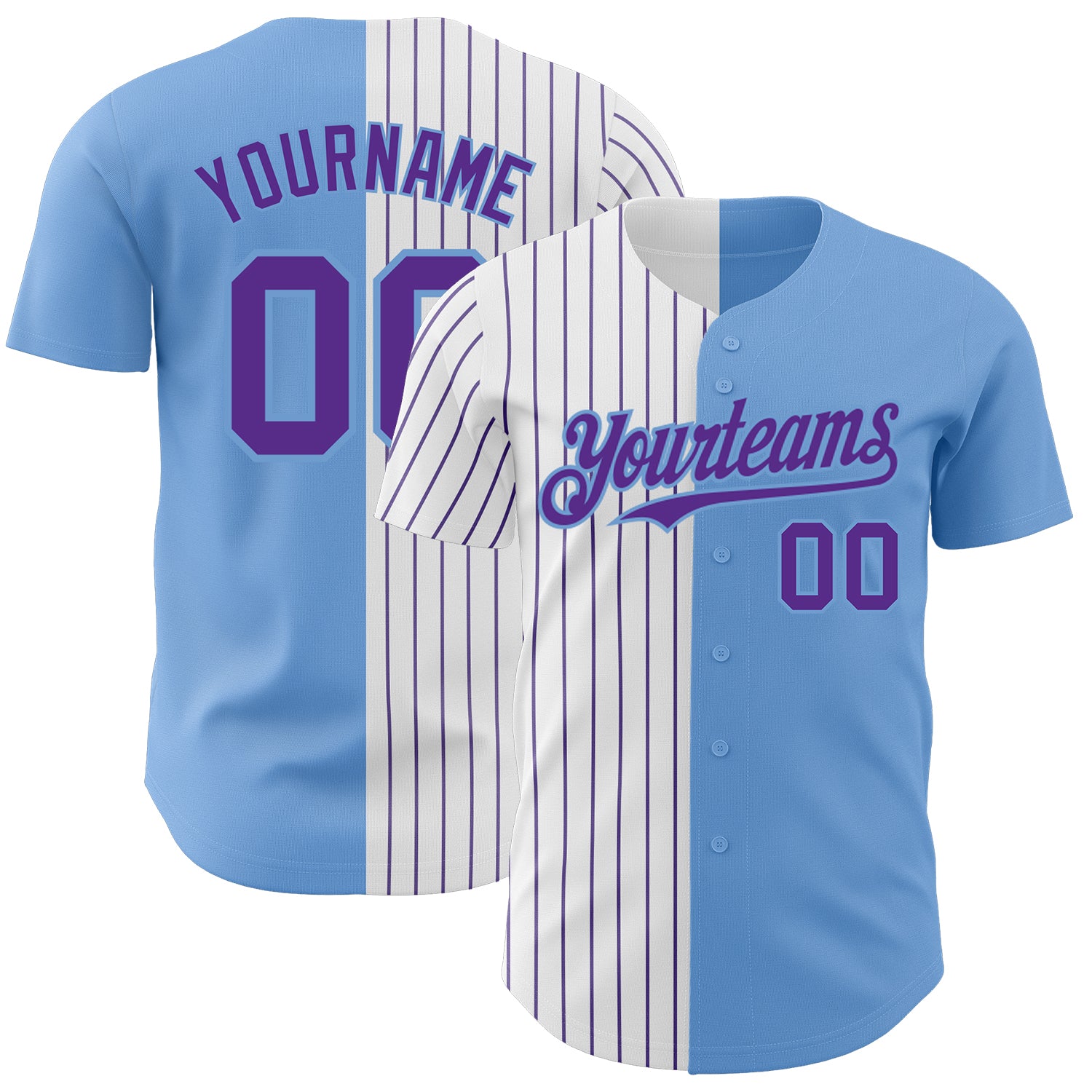 Custom Name Number Baseball Jersey - Light Blue White Purple Pinstripe Authentic Split Fashion Team Apparel Personalized