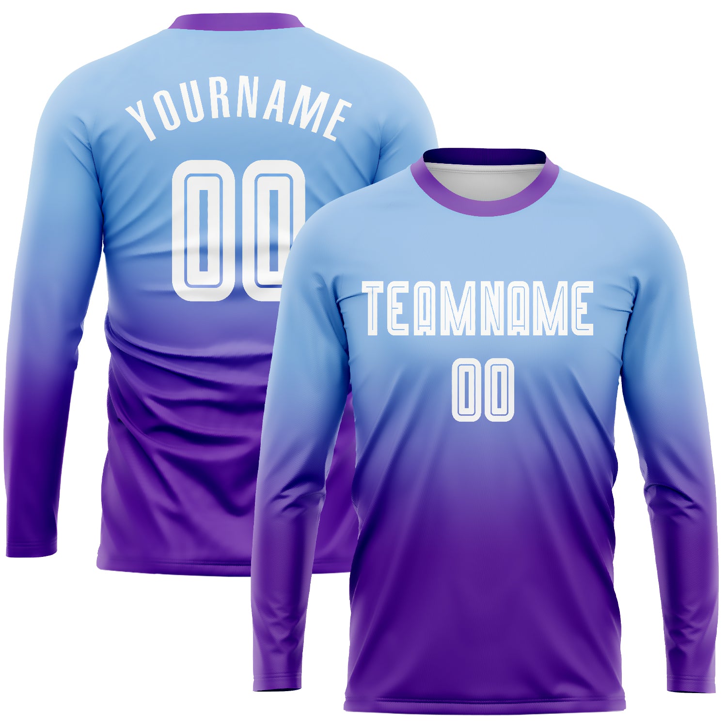 Custom Soccer Jersey with Name and Number - Light Blue White Purple Fade Long Sleeve Uniform Personalized Light Blue White-Purple