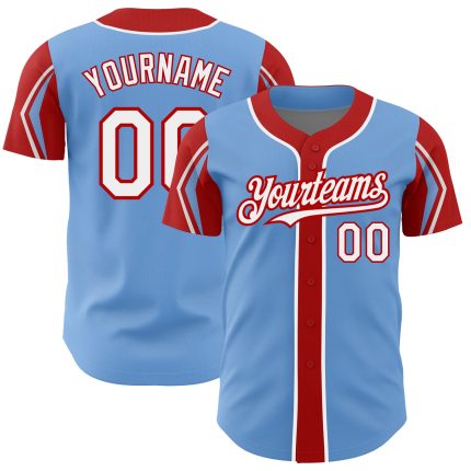 Custom Baseball Jersey with Name & Number in Light Blue, White, and Red - Authentic Team Design, Arm Shapes Personalized