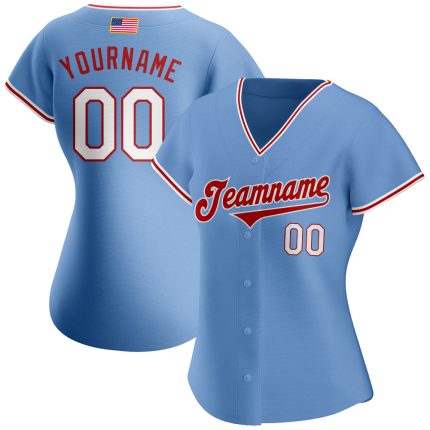 Custom American Flag Baseball Jersey with Personalized Name & Number - Light Blue White-Red Fashion Style Personalized Light