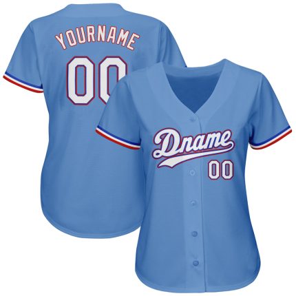 Personalized Light Blue Baseball Jersey with White and Red Accents - Authentic Design Personalized Light Blue White-Red Authentic
