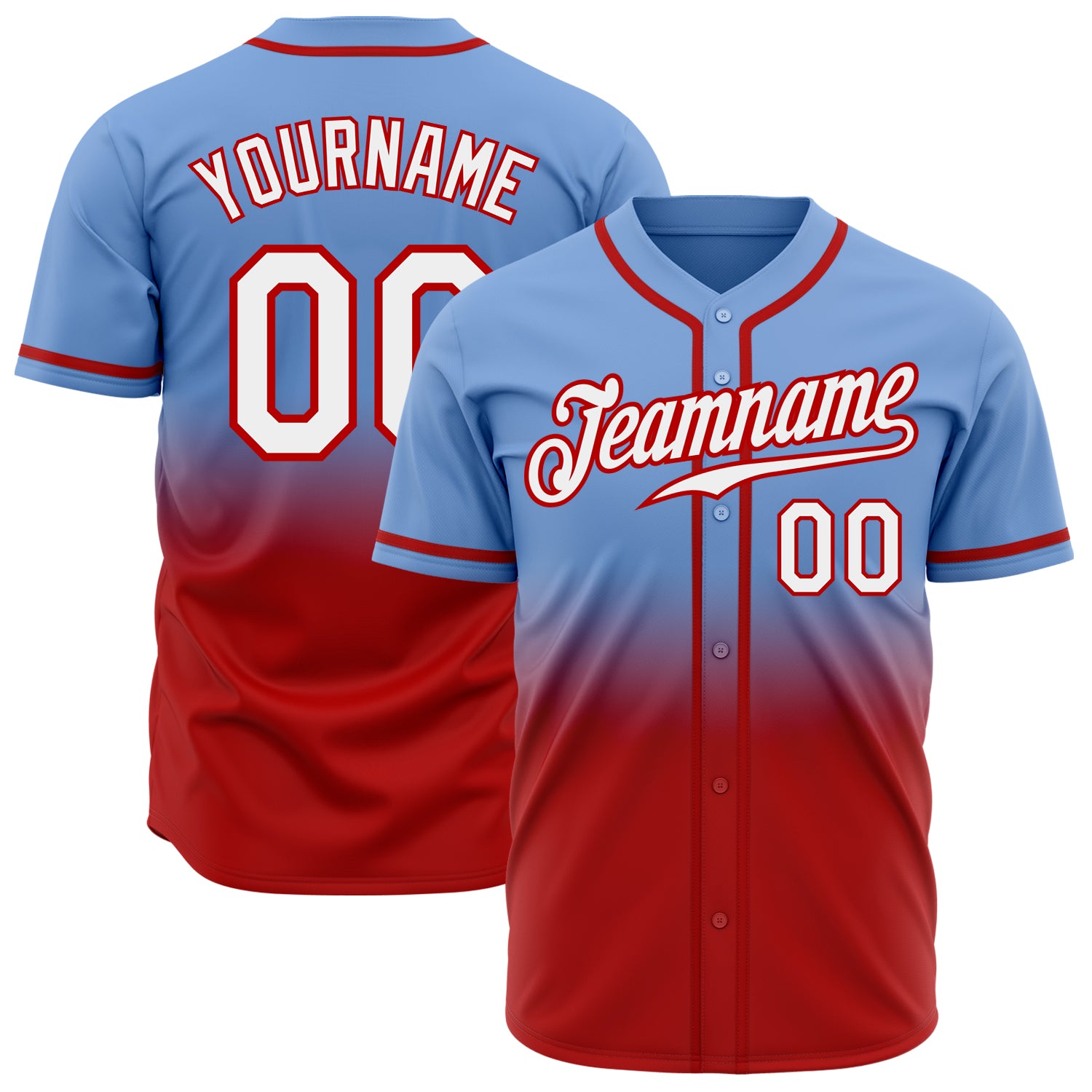 Custom Light Blue Baseball Jersey with White-Red Fade, Personalized Name and Number, Authentic Team Apparel Personalized