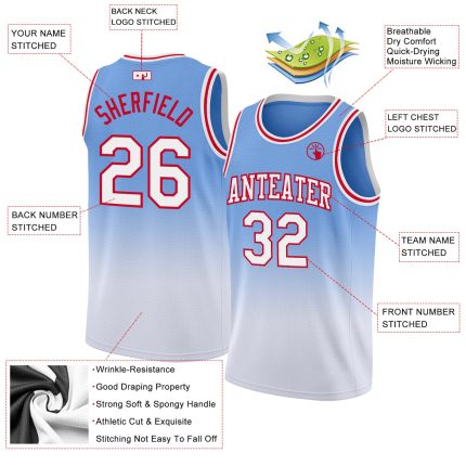 Custom Basketball Jersey with Team Name & Number, Light Blue White-Red Authentic Fade Design Personalized Light Blue White-Red