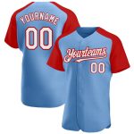 Personalized Light Blue Baseball Jersey with Custom Name and Number, White-Red Authentic Raglan Sleeves Design Personalized