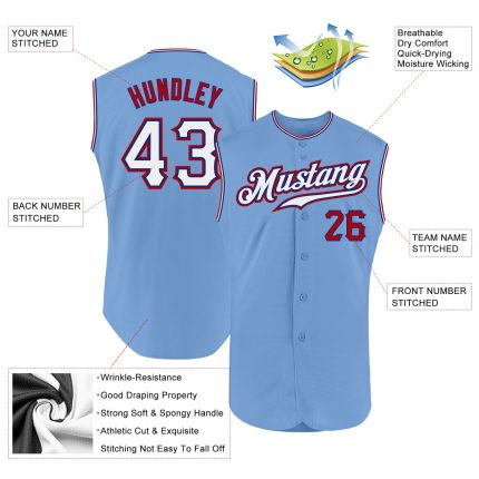 Custom Name and Number Personalized Baseball Jersey - Authentic Sleeveless Light Blue, White, and Red Design Personalized