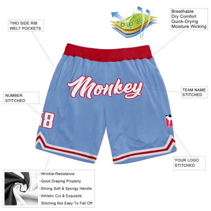 Personalized Light Blue Red White Authentic Basketball Shorts for Men Personalized Light Blue White-Red Authentic Throwback