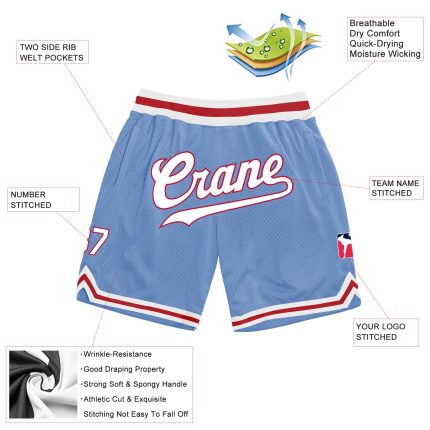 Custom Light Blue Red White Basketball Shorts with Personalized Name & Number - Authentic Throwback Style Personalized Light