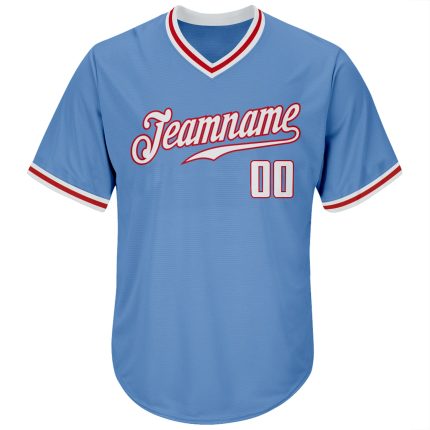 Personalized Light Blue Baseball Jersey Shirt - Authentic Throwback Rib-Knit in White-Red Personalized Light Blue White-Red
