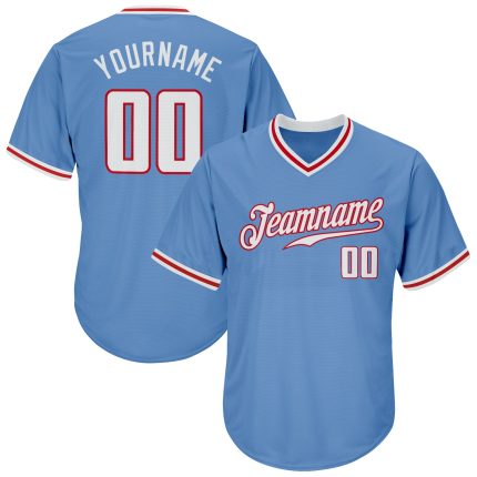 Personalized Light Blue Baseball Jersey Shirt - Authentic Throwback Rib-Knit in White-Red Personalized Light Blue White-Red
