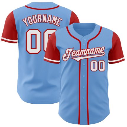 Custom Name and Number Authentic Baseball Jersey - Light Blue White-Red Two Tone Team Gear Personalized Light Blue White-Red