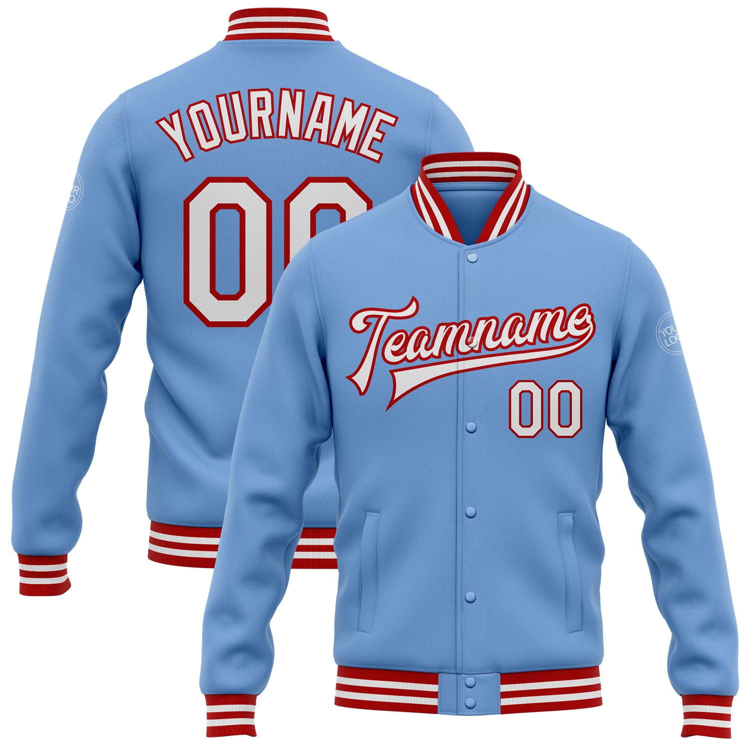 Custom Team Name Number Light Blue White-Red Full-Snap Varsity Bomber Jacket Personalized Light Blue White-Red Bomber Full-Snap
