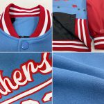 Custom Name & Number Bomber Jacket - Personalized Light Blue Red Two Tone Varsity Full-Snap Letterman Jacket Personalized
