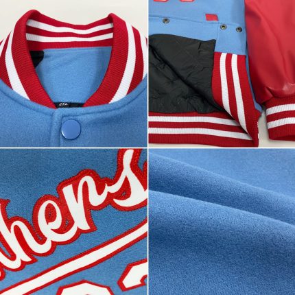 Custom Name & Number Bomber Jacket - Personalized Light Blue Red Two Tone Varsity Full-Snap Letterman Jacket Personalized