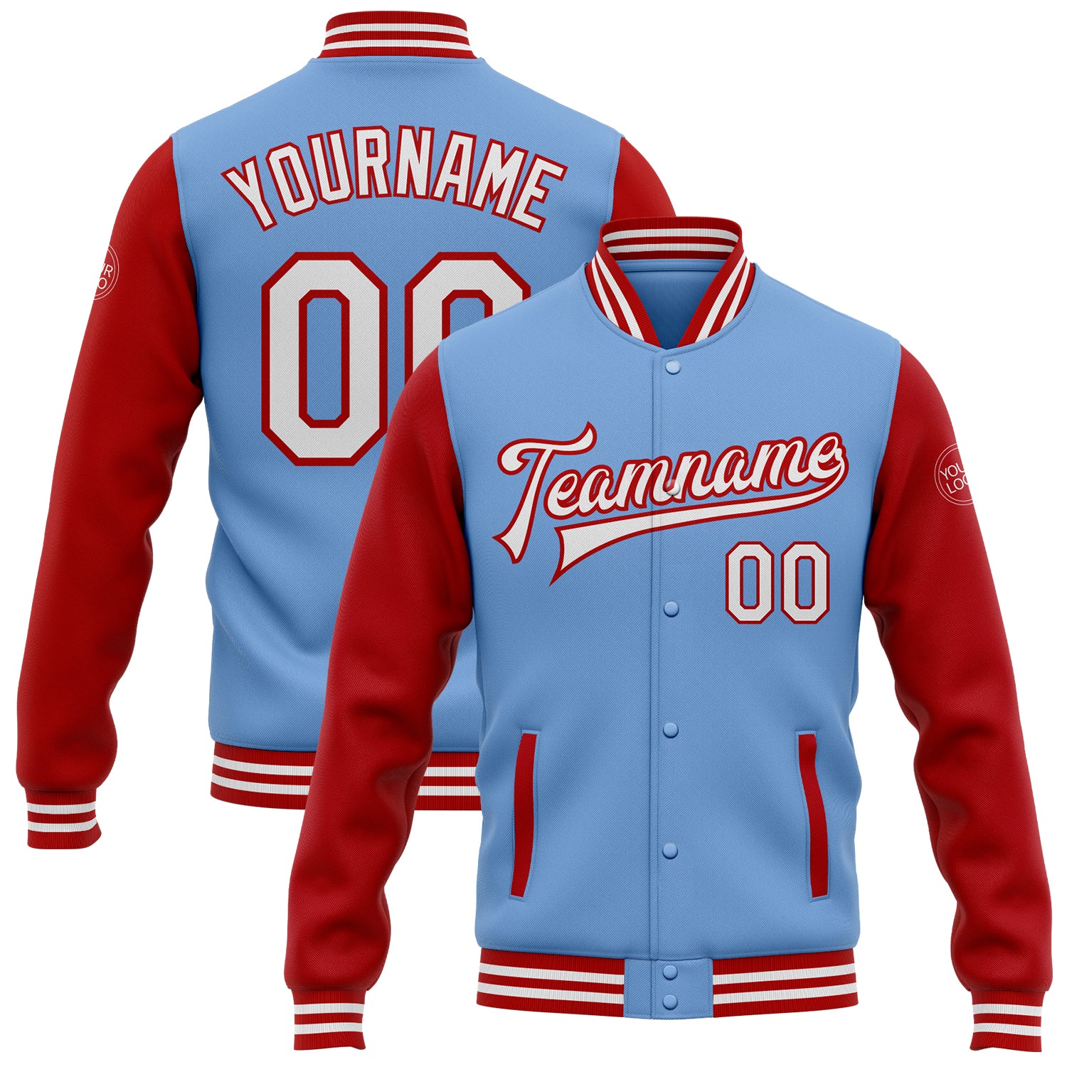 Custom Name & Number Bomber Jacket - Personalized Light Blue Red Two Tone Varsity Full-Snap Letterman Jacket Personalized