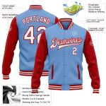 Custom Name & Number Bomber Jacket - Personalized Light Blue Red Two Tone Varsity Full-Snap Letterman Jacket Personalized
