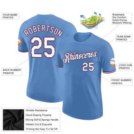 Custom Team Performance T-Shirt with Personalized Name & Number - Light Blue White-Red Personalized Light Blue White-Red
