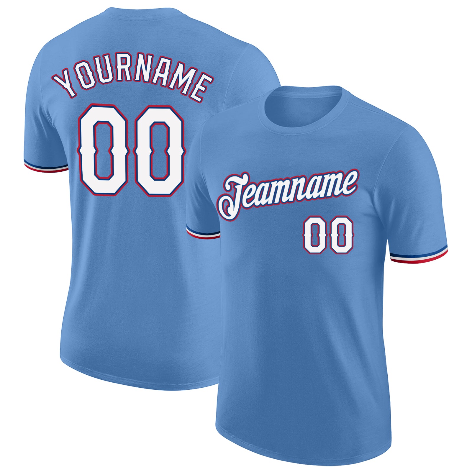 Custom Team Performance T-Shirt with Personalized Name & Number - Light Blue White-Red Personalized Light Blue White-Red