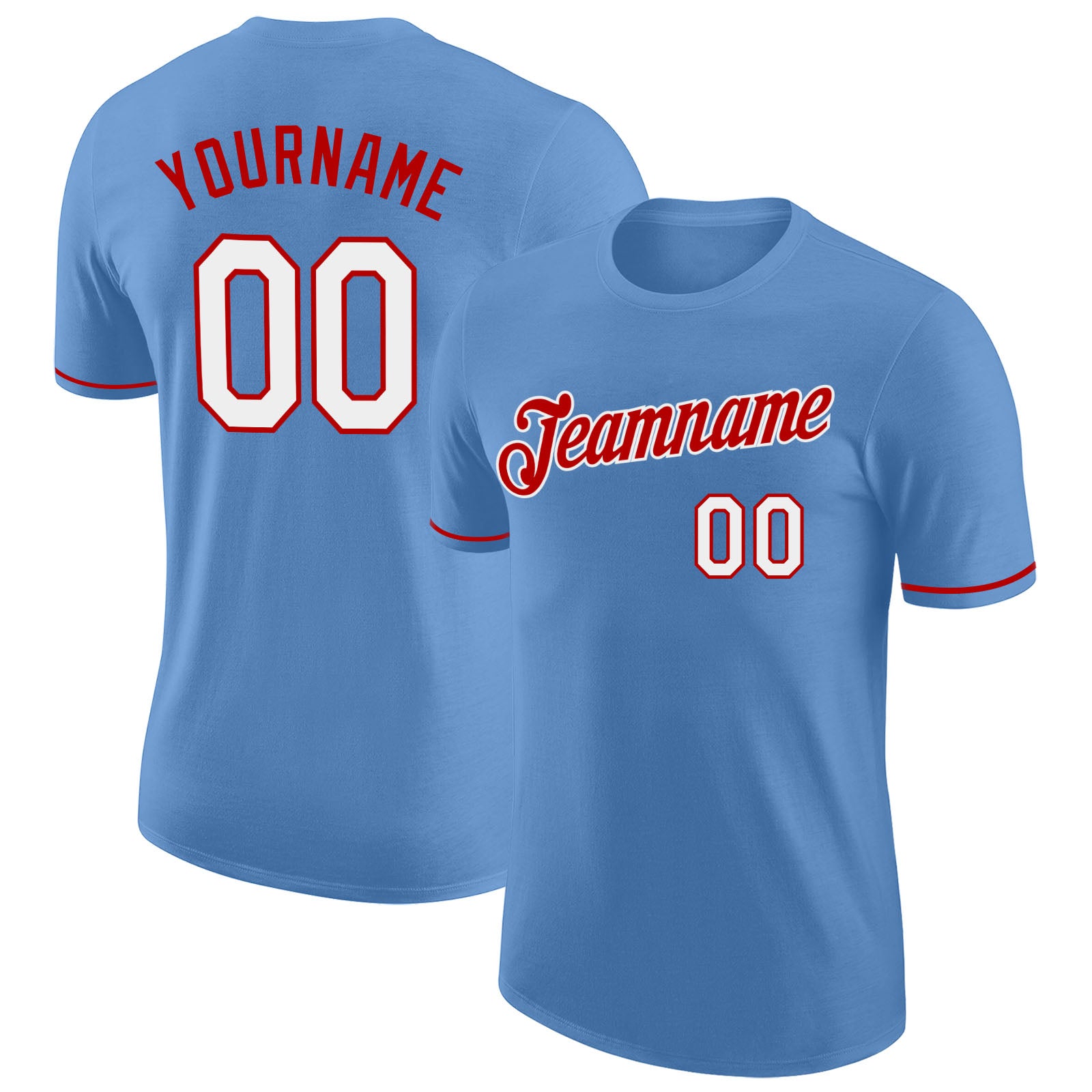 Custom Light Blue Performance Tee with White-Red Accents - Personalized T-Shirt Personalized Light Blue White-Red Performance