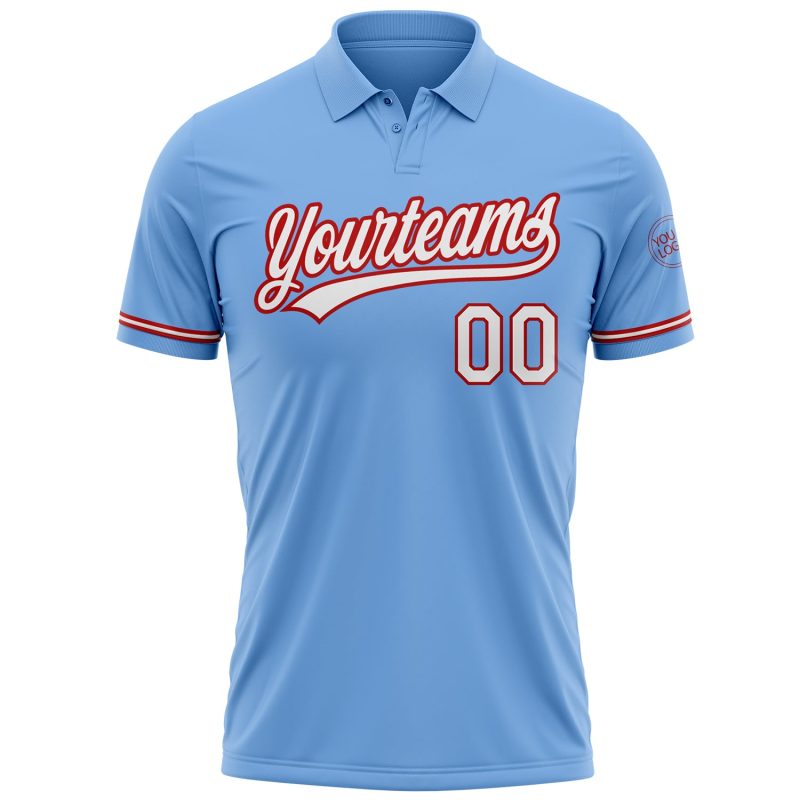 Custom Light Blue Red White Performance Golf Polo Shirt with Name and Number - Personalized Team Apparel Personalized Light