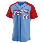 Custom Team Baseball Jersey with Personalized Name and Number - Light Blue, White, Red-Royal Raglan Sleeves Personalized