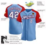 Custom Team Baseball Jersey with Personalized Name and Number - Light Blue, White, Red-Royal Raglan Sleeves Personalized