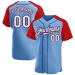 Custom Team Baseball Jersey with Personalized Name and Number - Light Blue, White, Red-Royal Raglan Sleeves Personalized