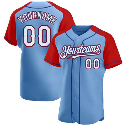 Custom Team Baseball Jersey with Personalized Name and Number - Light Blue, White, Red-Royal Raglan Sleeves Personalized