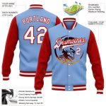Customizable Spartan Logo Bomber Jacket Light Blue Red White 3D Pattern Varsity Full-Snap Letterman with Name & Number Personalized