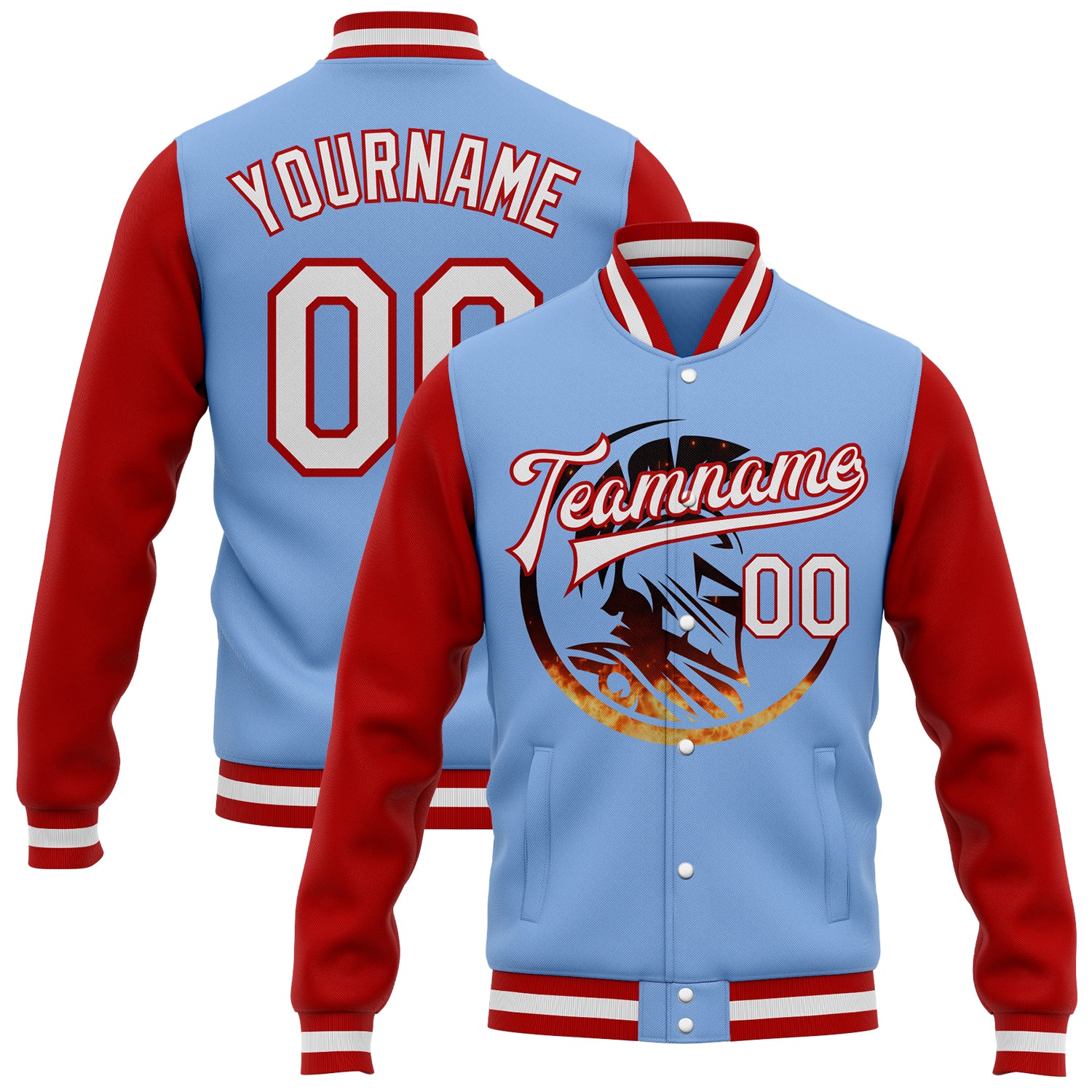 Customizable Spartan Logo Bomber Jacket Light Blue Red White 3D Pattern Varsity Full-Snap Letterman with Name & Number Personalized