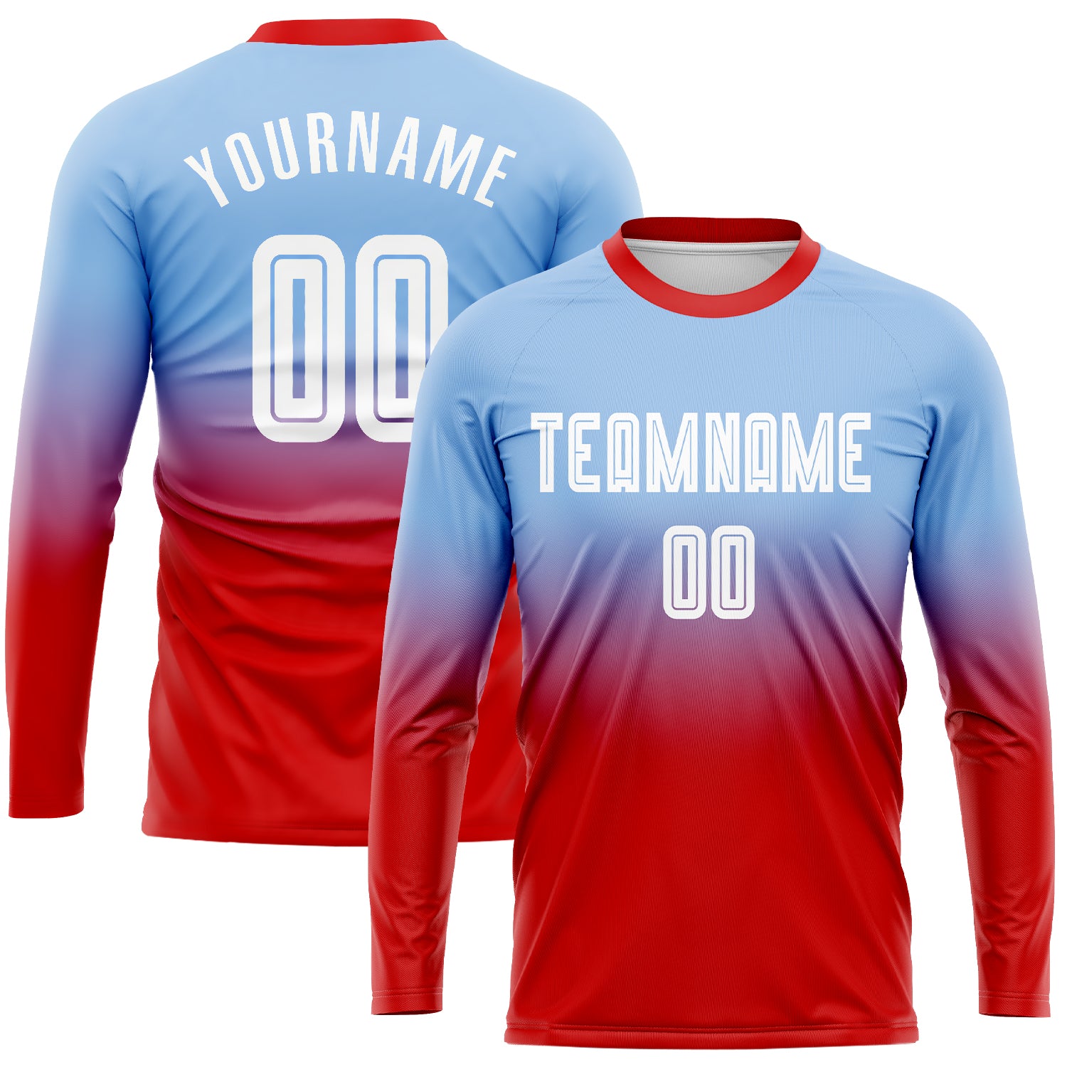 Custom Name Number Light Blue White Red Fade Soccer Jersey Long Sleeve Fashion Uniform Personalized Light Blue White-Red