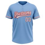 Custom Name and Number Unisex Softball Jersey - Light Blue White Red Two-Button Design Personalized Light Blue White-Red