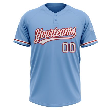 Custom Name and Number Unisex Softball Jersey - Light Blue White Red Two-Button Design Personalized Light Blue White-Red