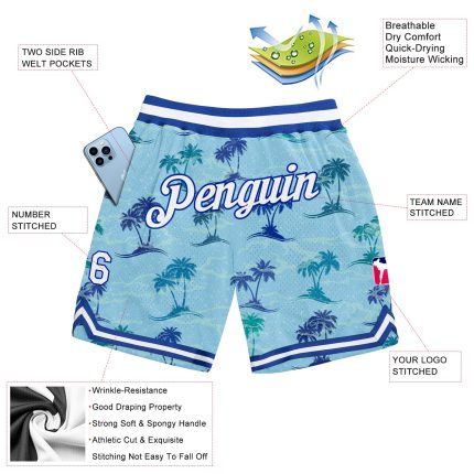 Custom Name Number Basketball Shorts Light Blue White Royal 3D Palm Trees Design - Authentic Team Gear Personalized Light