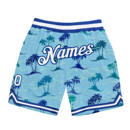 Custom Name Number Basketball Shorts Light Blue White Royal 3D Palm Trees Design - Authentic Team Gear Personalized Light