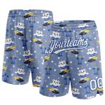 Custom Team Basketball Shorts with Hawaii Palm Trees and Bears Surfing, Light Blue White-Royal 3D Pattern, Personalized Name and Number