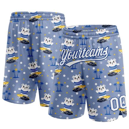 Custom Team Basketball Shorts with Hawaii Palm Trees and Bears Surfing, Light Blue White-Royal 3D Pattern, Personalized Name and Number