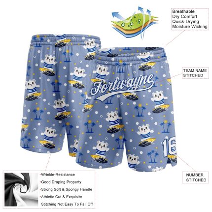 Custom Team Basketball Shorts with Hawaii Palm Trees and Bears Surfing, Light Blue White-Royal 3D Pattern, Personalized Name and Number