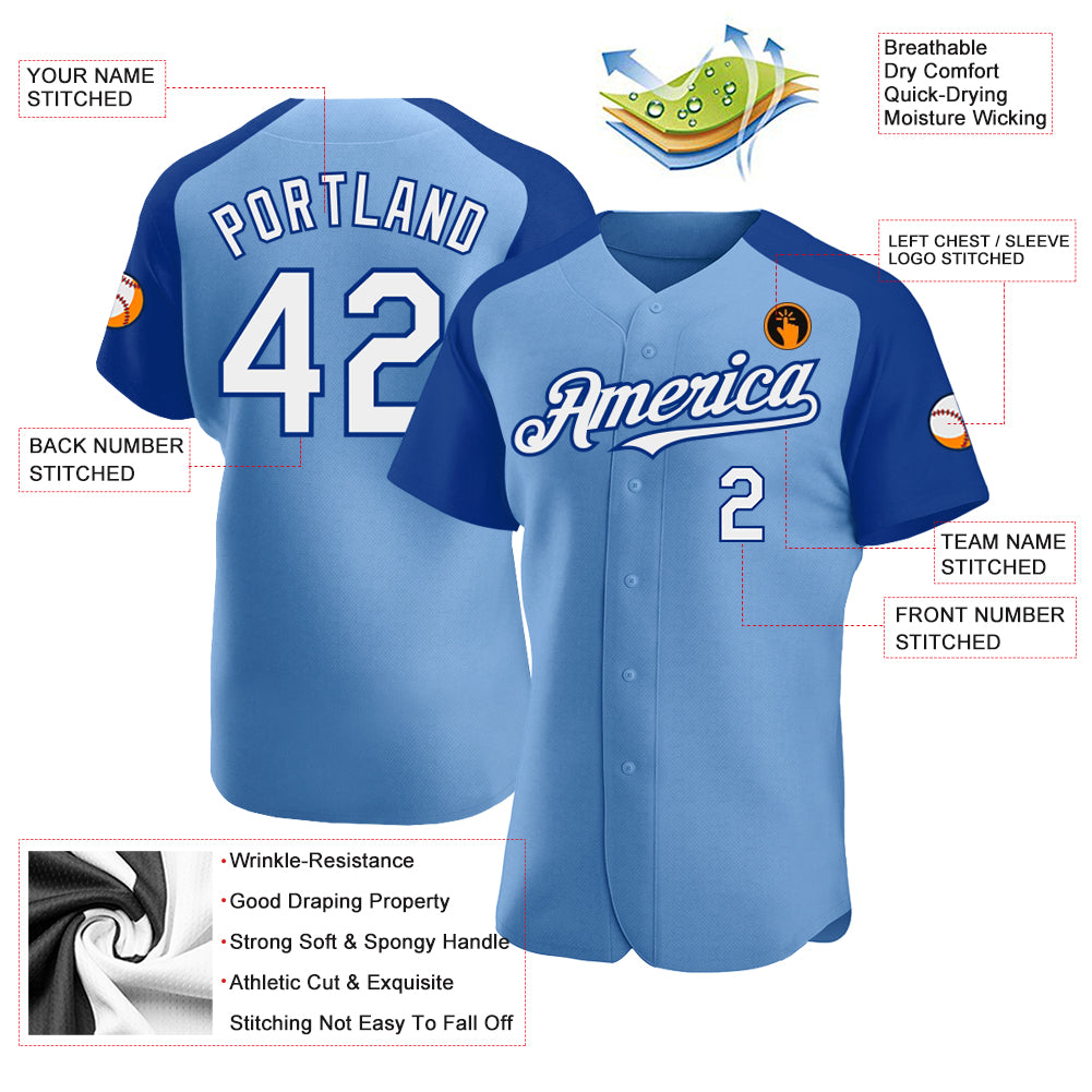 Personalized Light Blue White-Royal Authentic Raglan Sleeves Baseball Jersey Team Custom Name and Number Custom Name and Number Baseball Jersey - Light Blue White-Royal Authentic Raglan Sleeves Personalized Light Blue White-Royal - Image 3