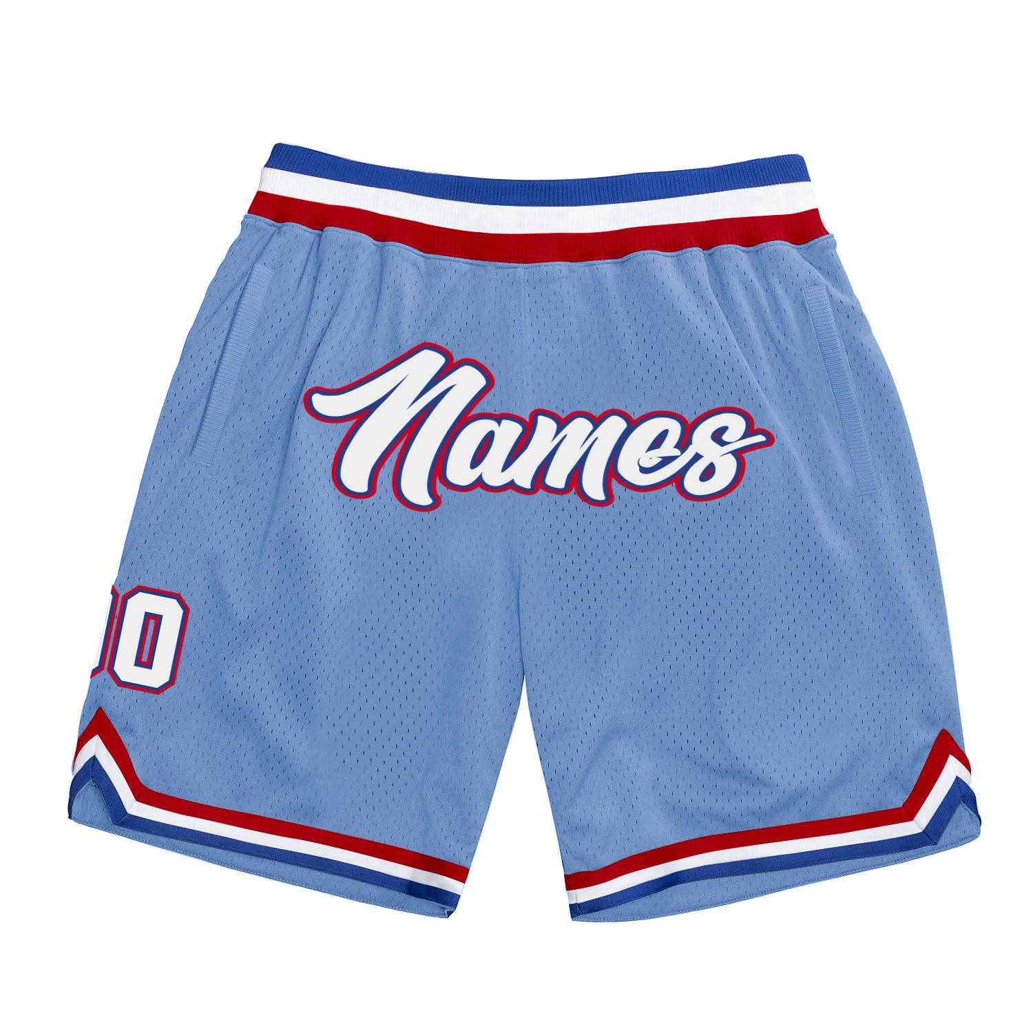 Customizable Light Blue and White Royal Basketball Shorts with Name and Number - Authentic Throwback Style Personalized Light