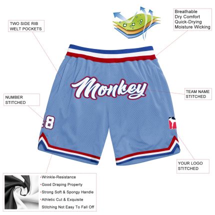 Customizable Light Blue and White Royal Basketball Shorts with Name and Number - Authentic Throwback Style Personalized Light