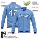 Personalized Light Blue Varsity Bomber Jacket with White-Royal Accents - Full-Snap Letterman Style Personalized Light Blue