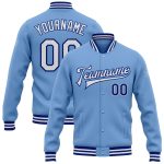 Personalized Light Blue Varsity Bomber Jacket with White-Royal Accents - Full-Snap Letterman Style Personalized Light Blue