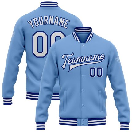 Personalized Light Blue Varsity Bomber Jacket with White-Royal Accents - Full-Snap Letterman Style Personalized Light Blue