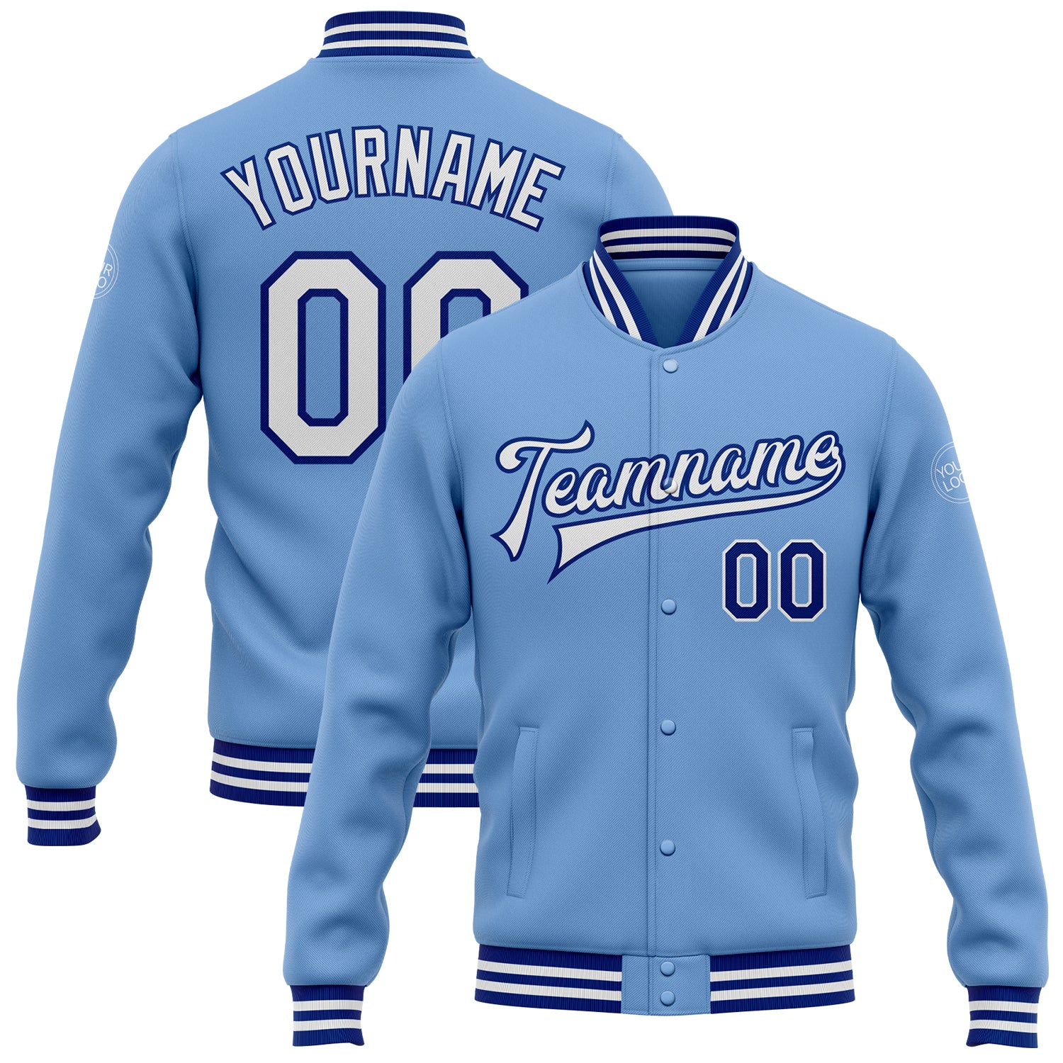 Personalized Light Blue Varsity Bomber Jacket with White-Royal Accents - Full-Snap Letterman Style Personalized Light Blue