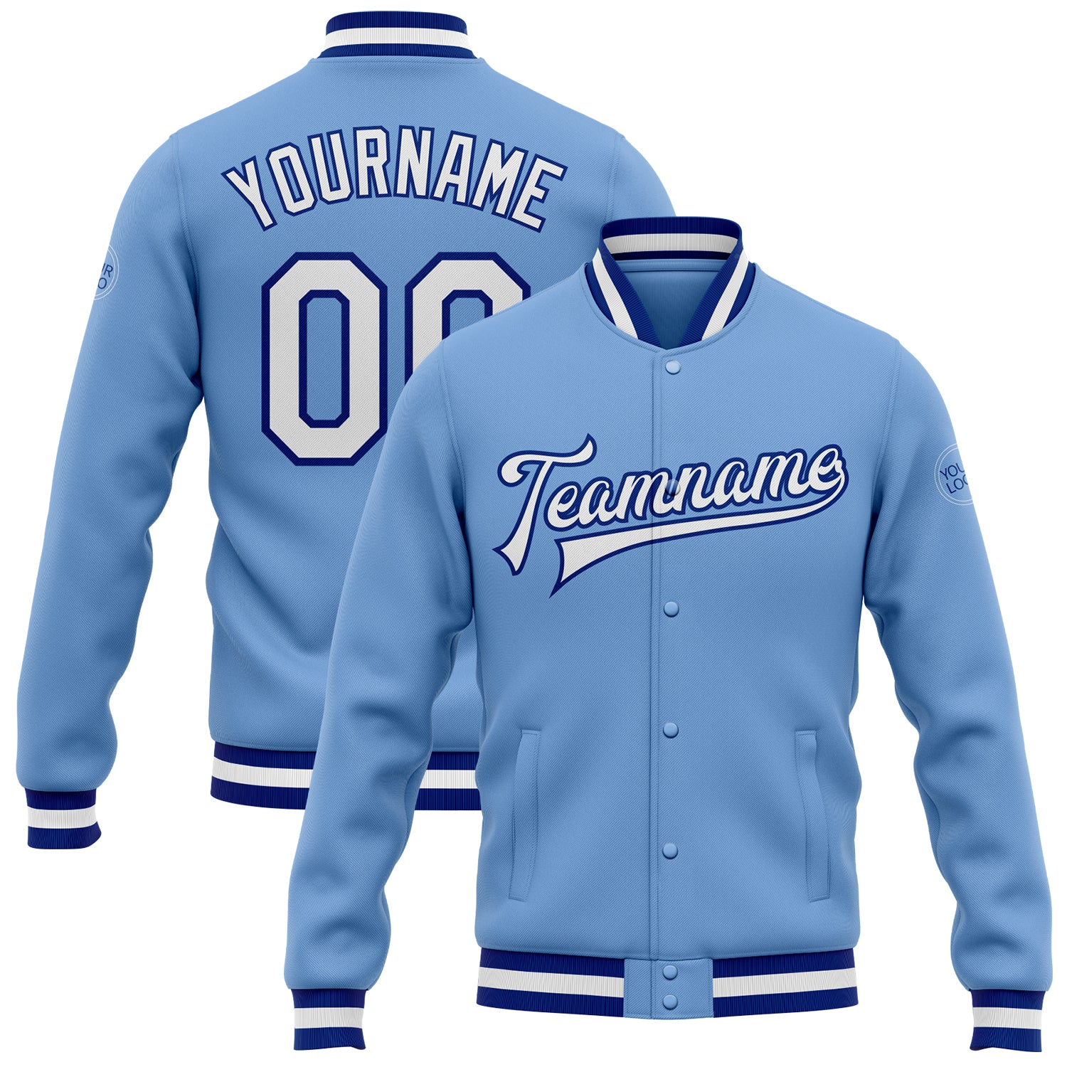 Custom Name Number Varsity Letterman Jacket Light Blue White-Royal Full-Snap Bomber Design Personalized Light Blue White-Royal