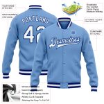 Custom Name Number Varsity Letterman Jacket Light Blue White-Royal Full-Snap Bomber Design Personalized Light Blue White-Royal