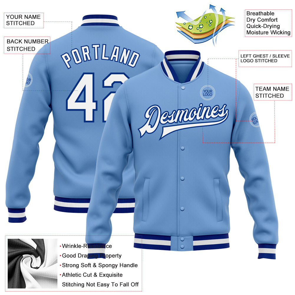 Personalized Light Blue White-Royal Bomber Full-Snap Varsity Letterman Jacket Team Custom Name and Number Custom Name Number Varsity Letterman Jacket Light Blue White-Royal Full-Snap Bomber Design Personalized Light Blue White-Royal - Image 3