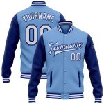 Custom Name and Number Varsity Letterman Jacket Light Blue White-Royal Two Tone Full-Snap Bomber Personalized Light Blue