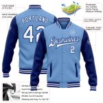 Custom Name and Number Varsity Letterman Jacket Light Blue White-Royal Two Tone Full-Snap Bomber Personalized Light Blue